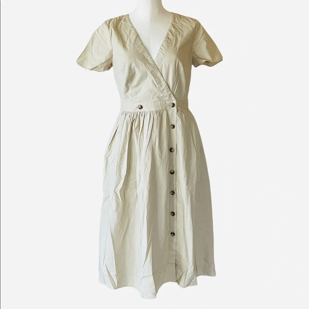 NWOT J.CREW BUTTON FRONT POPLIN KHAKI WRAP MIDI DRESS